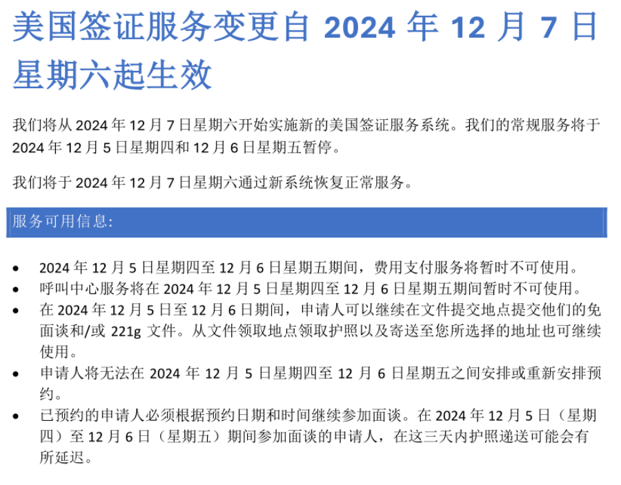 2024年12月7日起需使用新的美国签证服务系统